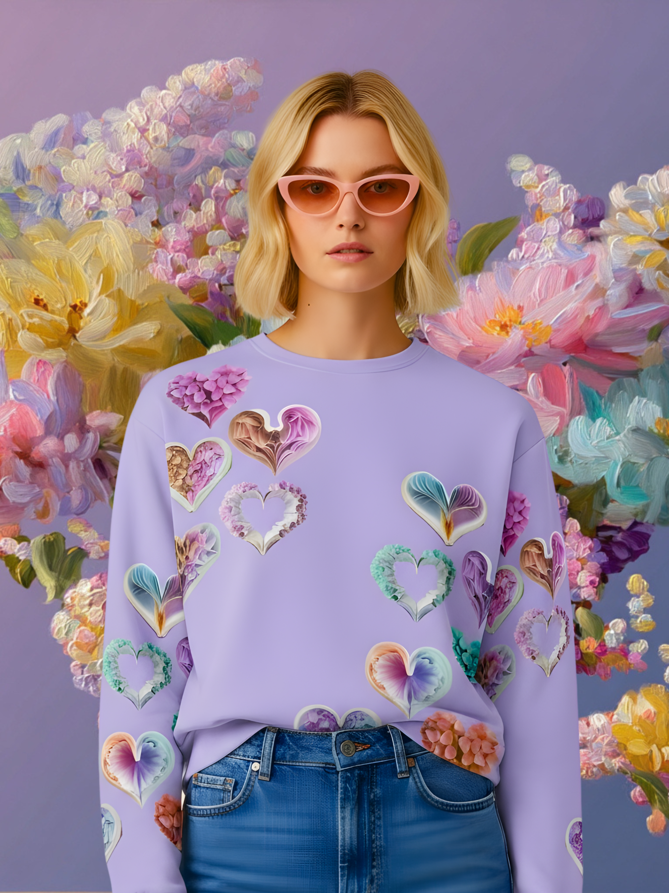 Grace Hearts — Lilac All-Over Sweatshirt.