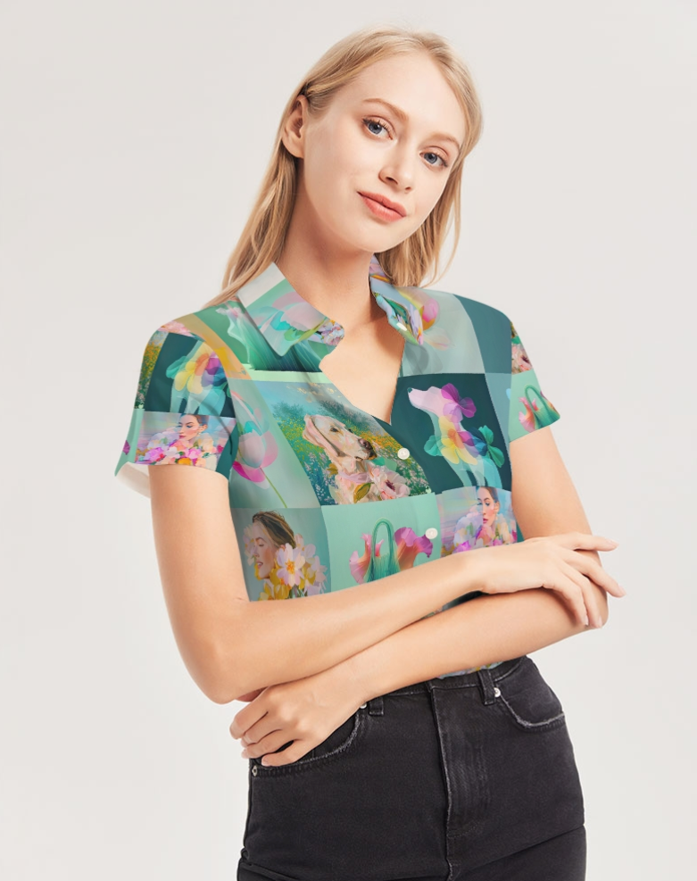 Yellow JOY! Women's All-Over Print Short Sleeve Button Up - Sample