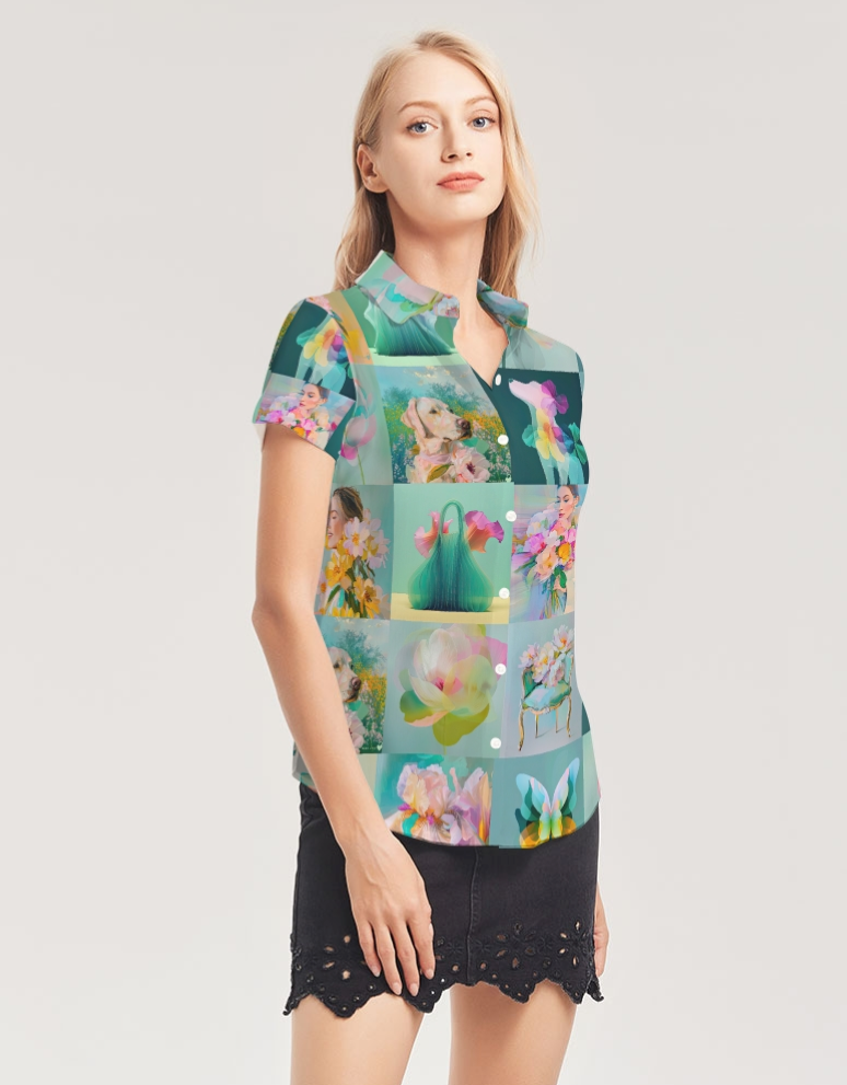 Yellow JOY! Women's All-Over Print Short Sleeve Button Up - Sample