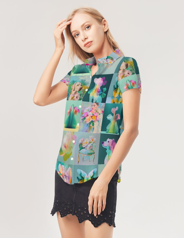 Yellow JOY! Women's All-Over Print Short Sleeve Button Up - Sample