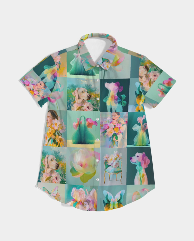 Yellow JOY! Women's All-Over Print Short Sleeve Button Up - Sample