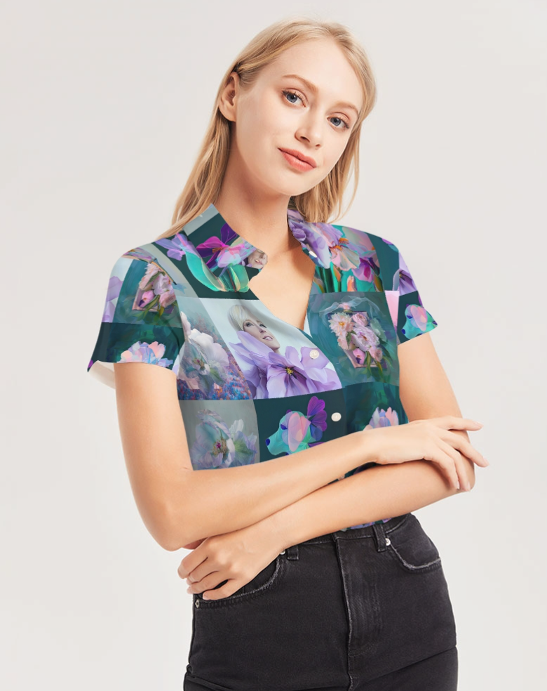 Lilac Shirt Women's All-Over Print Short Sleeve Button Up - Sample