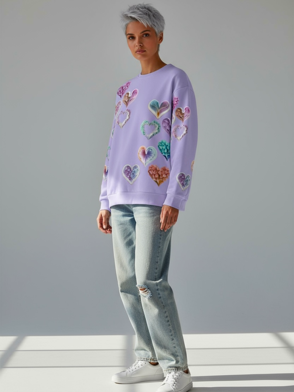 Grace Hearts — Lilac All-Over Sweatshirt.