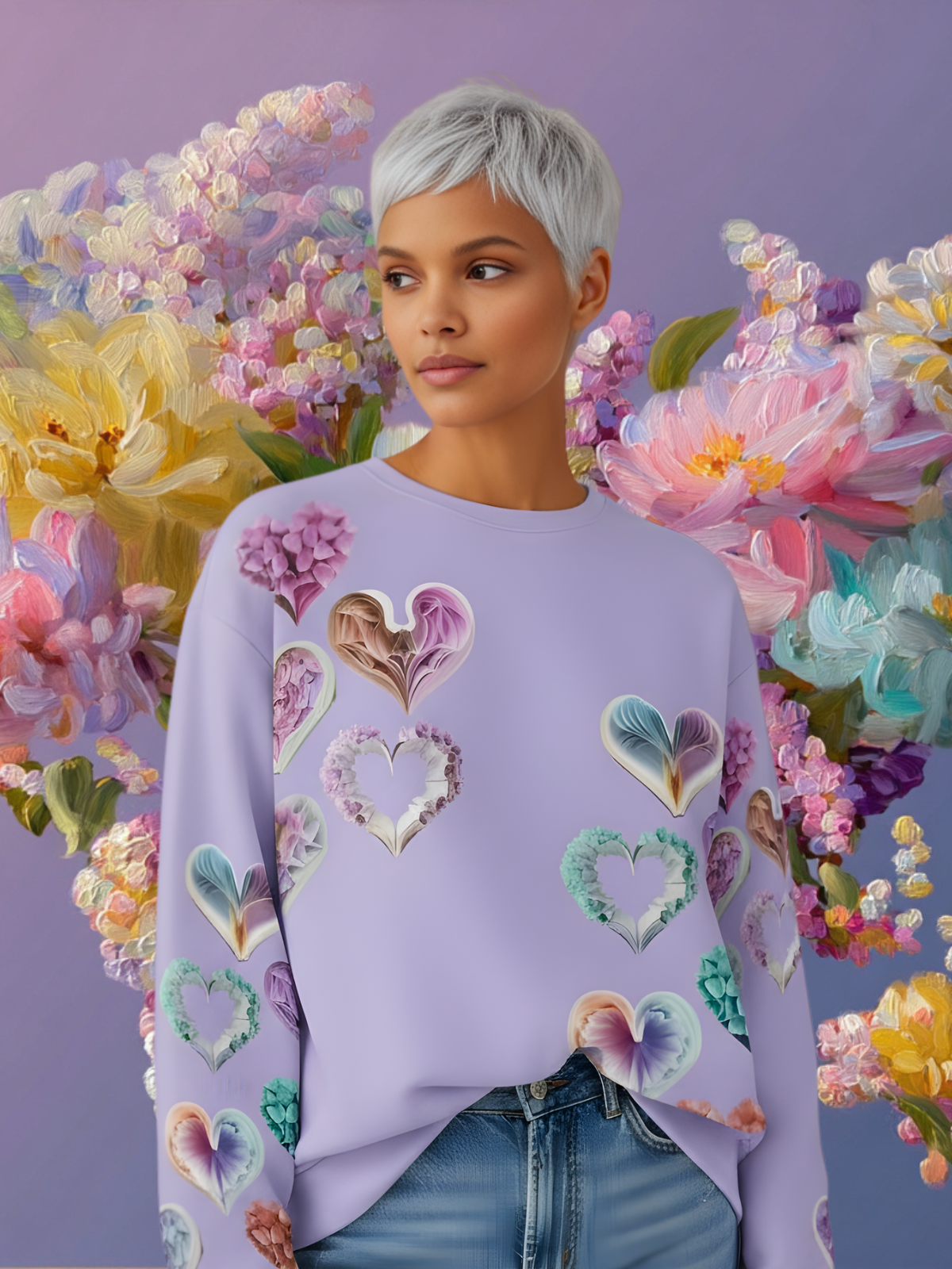 Grace Hearts — Lilac All-Over Sweatshirt.