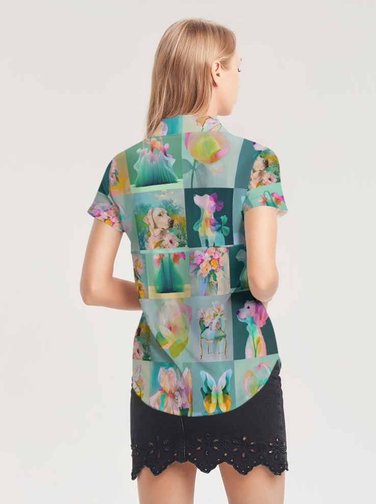 Yellow JOY! Women's All-Over Print Short Sleeve Button Up - Sample