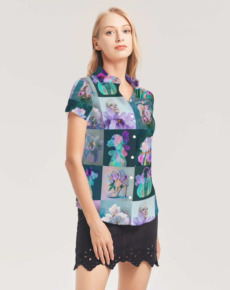 Lilac Shirt Women's All-Over Print Short Sleeve Button Up - Sample