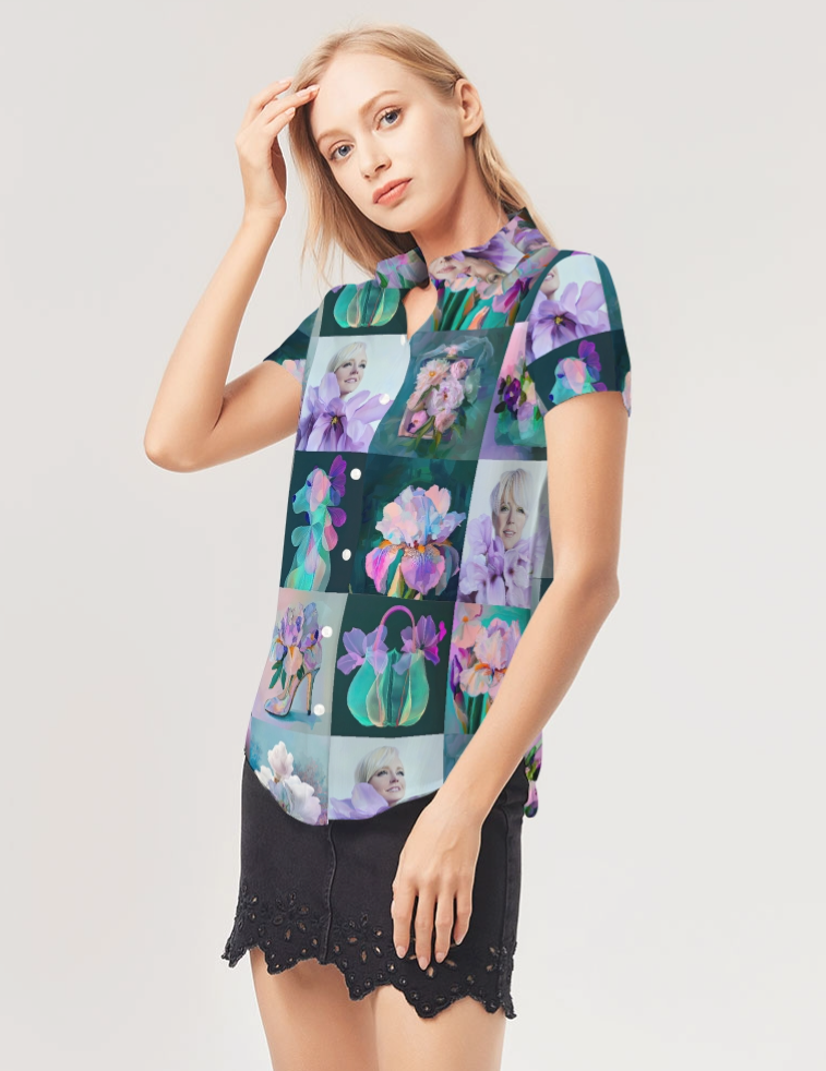 Lilac Shirt Women's All-Over Print Short Sleeve Button Up - Sample