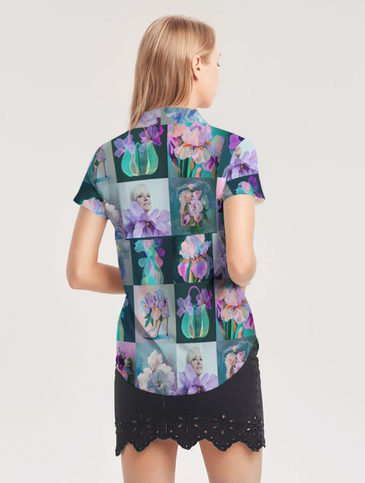 Lilac Shirt Women's All-Over Print Short Sleeve Button Up - Sample
